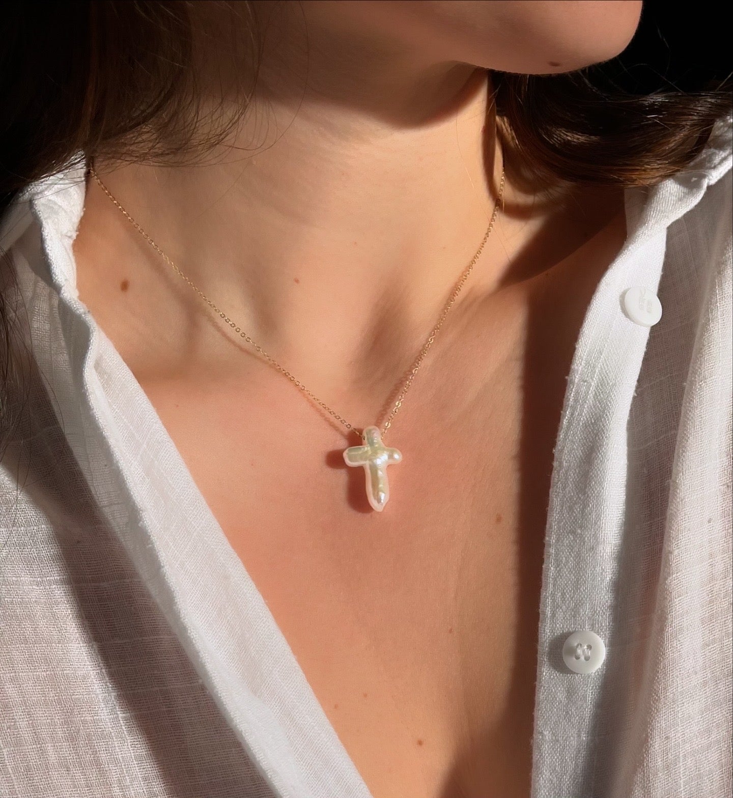 Petite Pearl Cross Necklace