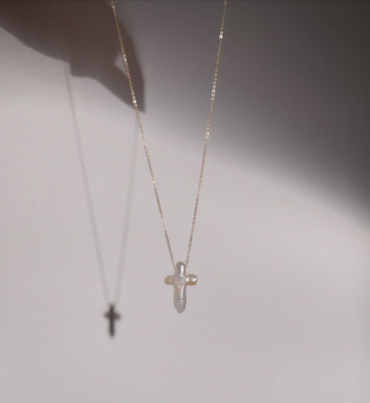 Petite Pearl Cross Necklace