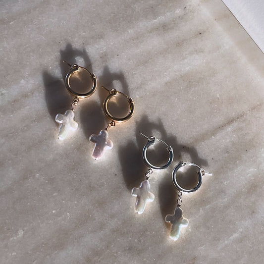 Pearl Cross Huggie Hoops
